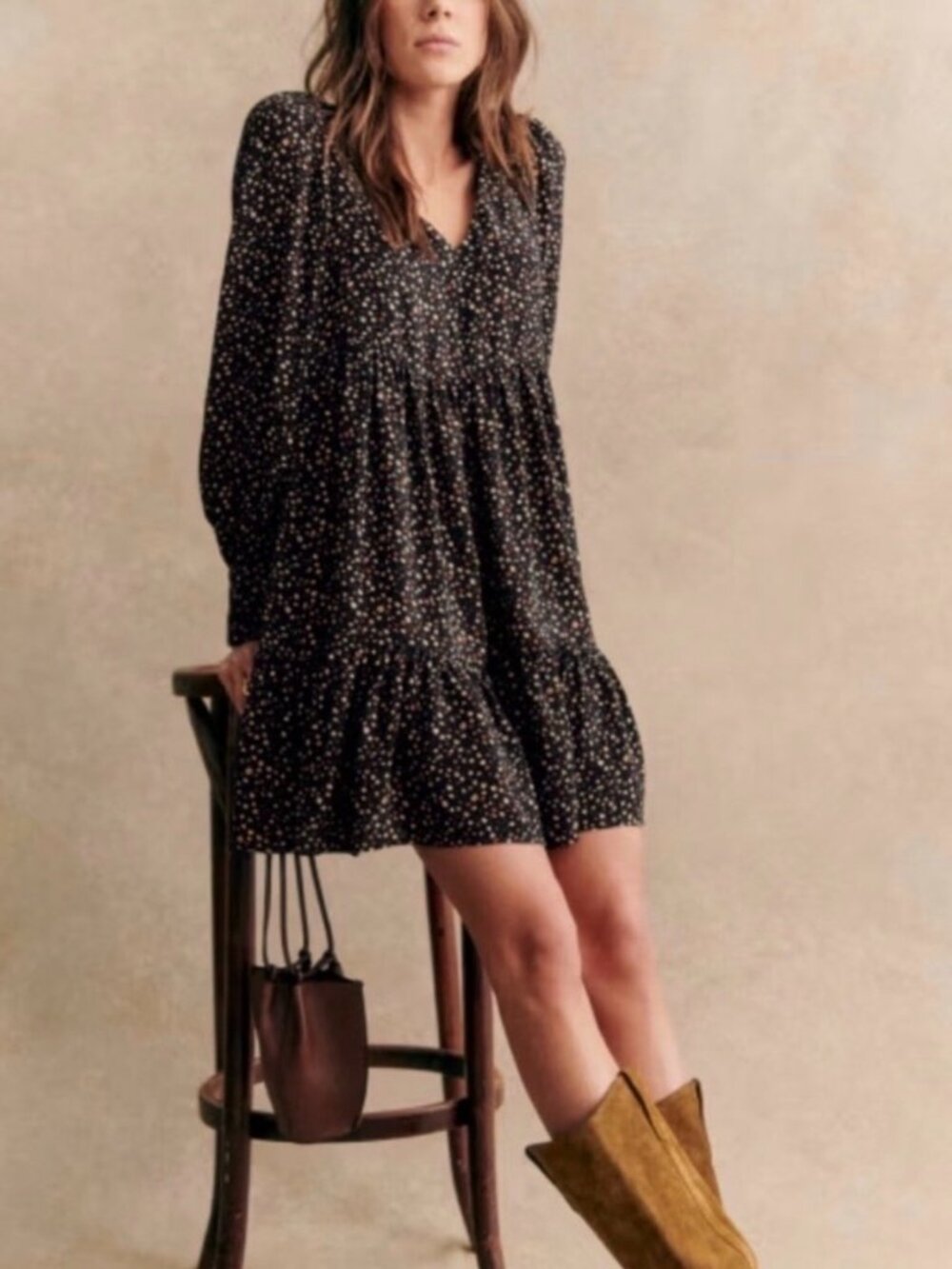 NWT Sezane Aurena Black Floral V Neck Flowy Long Sleeve Mini Dress 34 / US 2